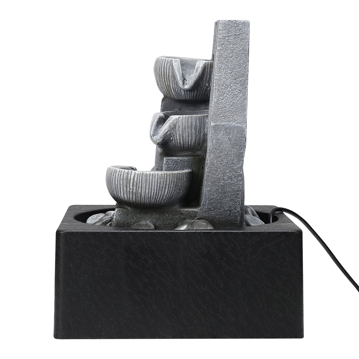 Side view of the cascade fountain showing the stepped bowls and power cable