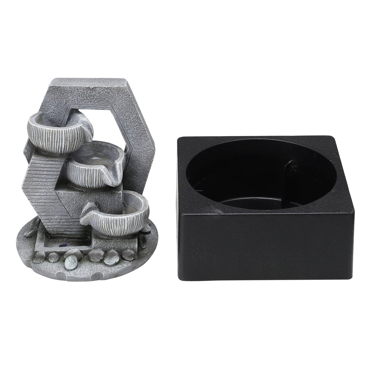 Fountain insert with bowls and the empty square black basin side by side on white