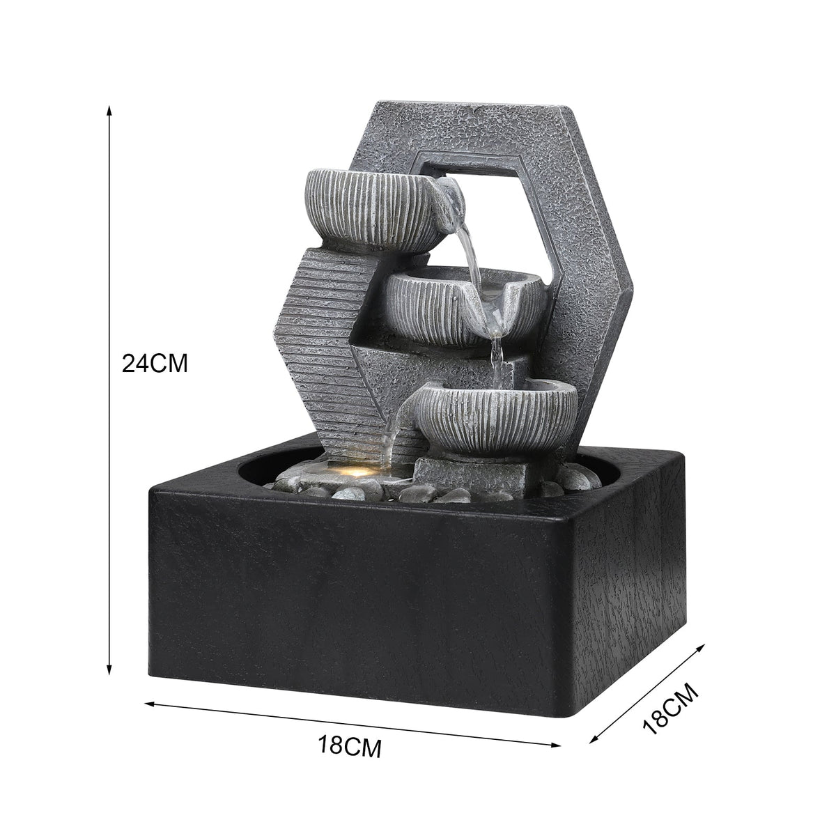 Cascade fountain on white marked 24 cm tall and 18 cm square