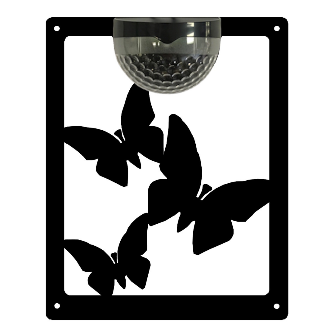 Three-butterfly solar plaque on a plain white background showing the corner fixing holes