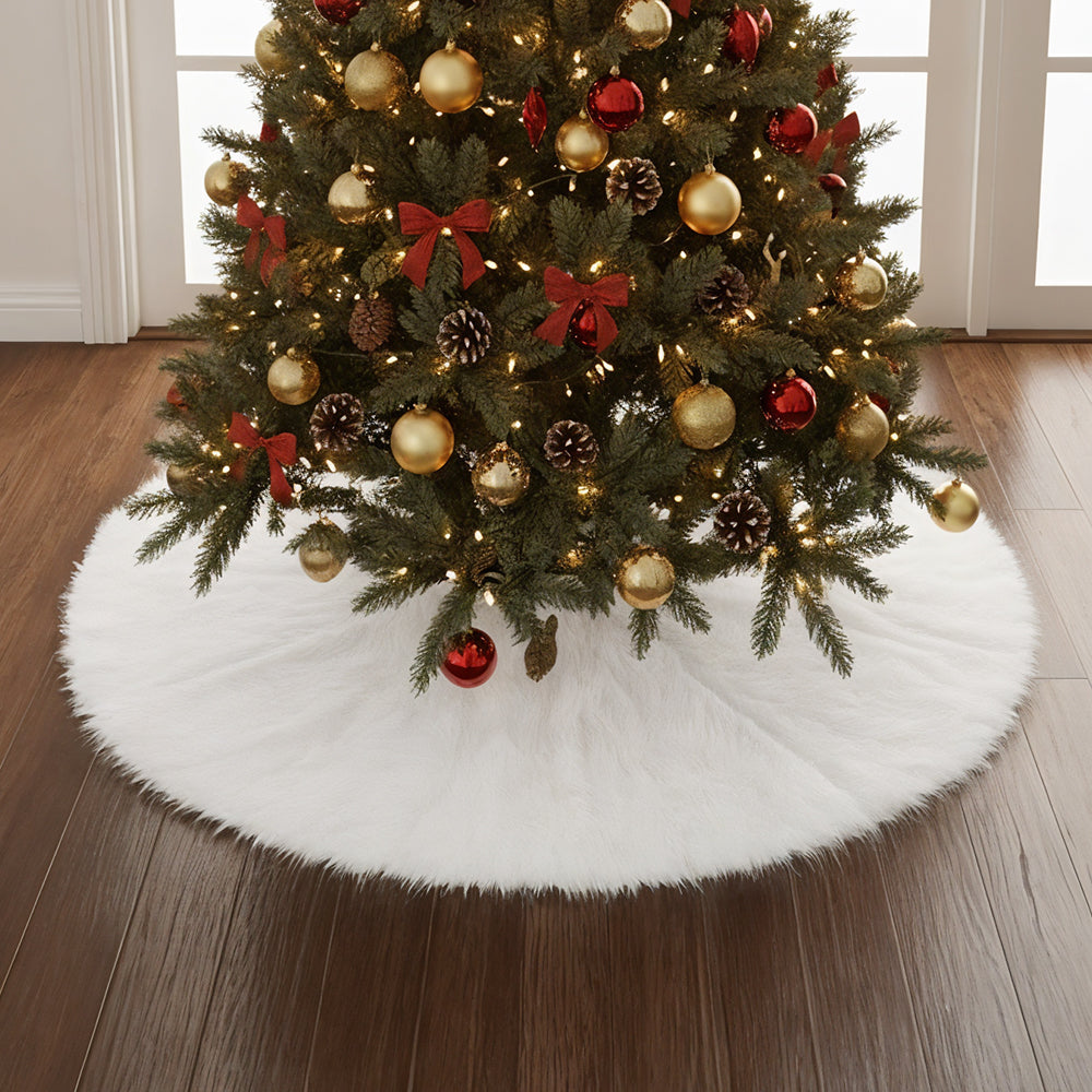 White long-pile plush tree skirt under a decorated Christmas tree on a wooden floor