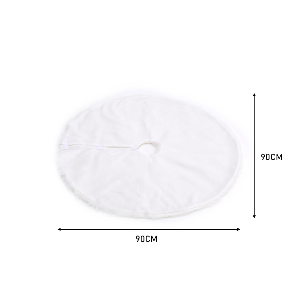 White plush tree skirt on white with its centre opening, marked 90 cm across