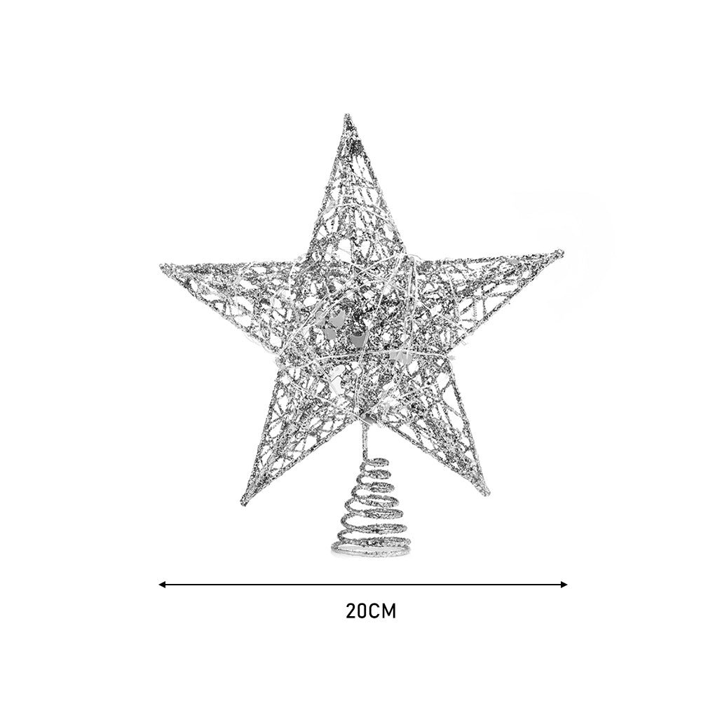 Silver star tree topper on white, marked 20 cm wide