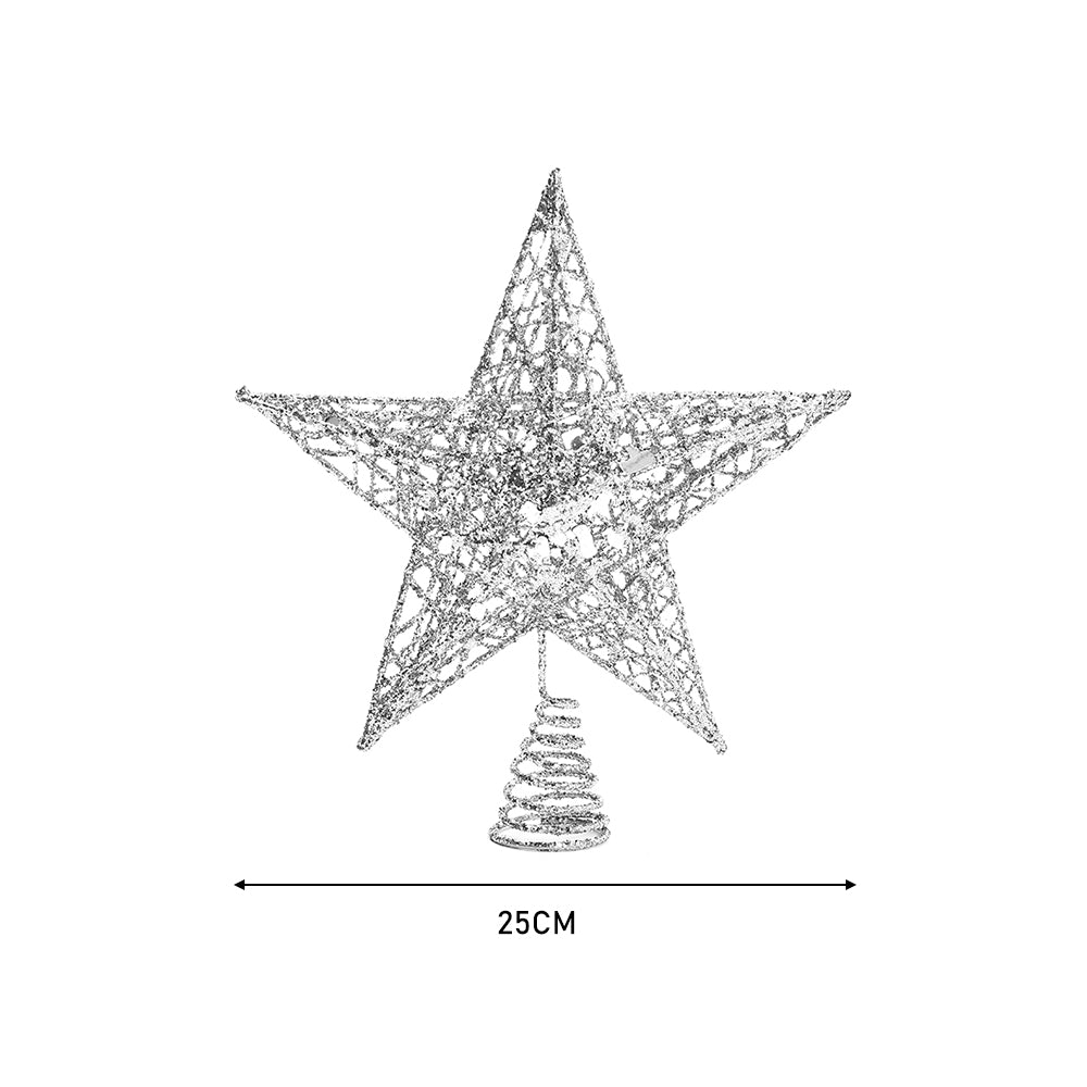 Silver star tree topper on white, marked 25 cm wide