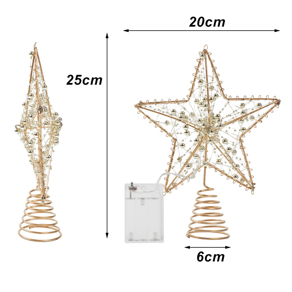 Gold star tree topper on white, front and side views, marked 20 cm wide, 25 cm high and a 6 cm base