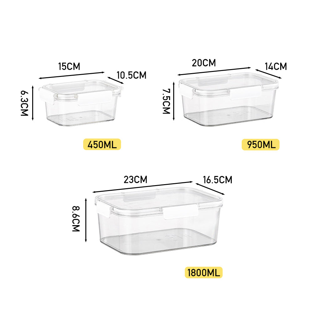 The three boxes on white with sizes: 15 x 10.5 x 6.3 cm 450 ml, 20 x 14 x 7.5 cm 950 ml, 23 x 16.5 x 8.6 cm 1800 ml