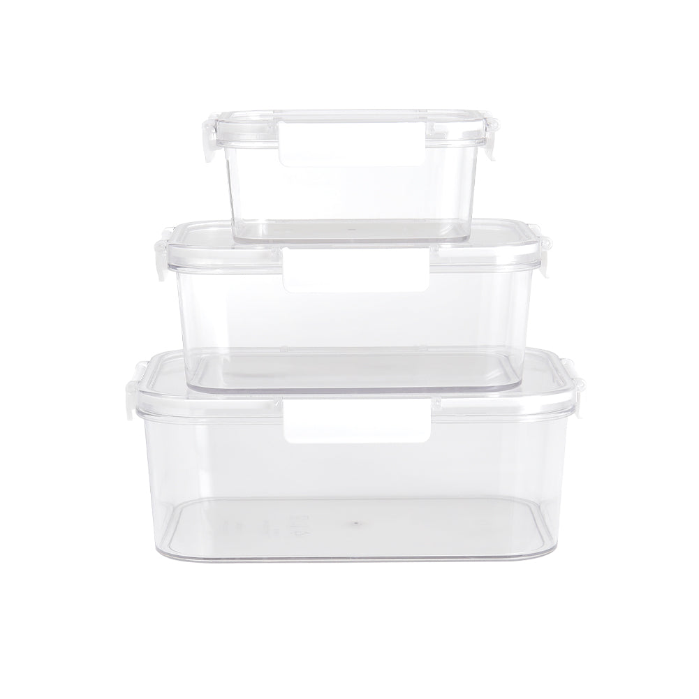 Three clear food storage boxes with white clip lids stacked largest to smallest, on white
