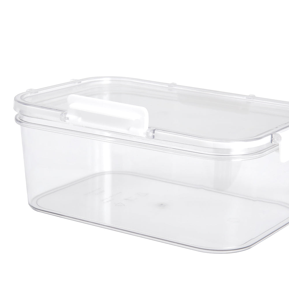 Empty clear box with its lid clipped on, on white