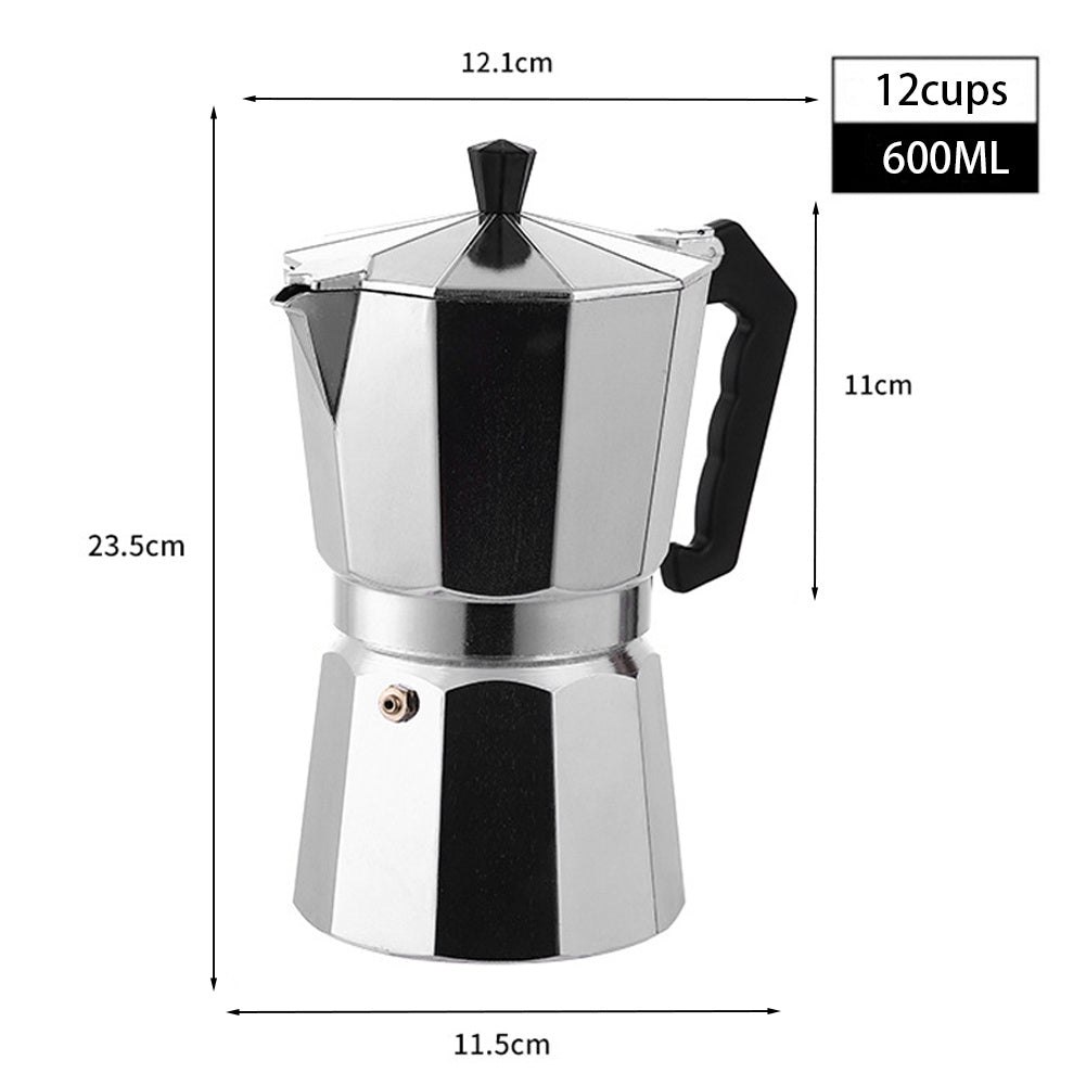 Moka pot on white marked 23.5 cm tall, 12.1 cm wide, base 11.5 cm, 12 cups and 600 ml