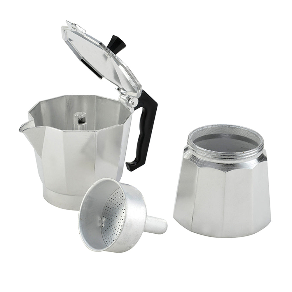 Moka pot taken apart on white: top chamber with open lid, funnel filter and water base