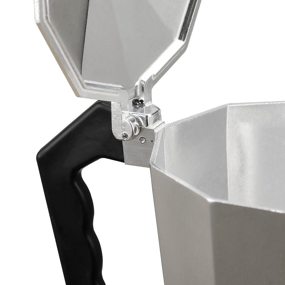 Close-up of the lid hinge and the black handle of the moka pot
