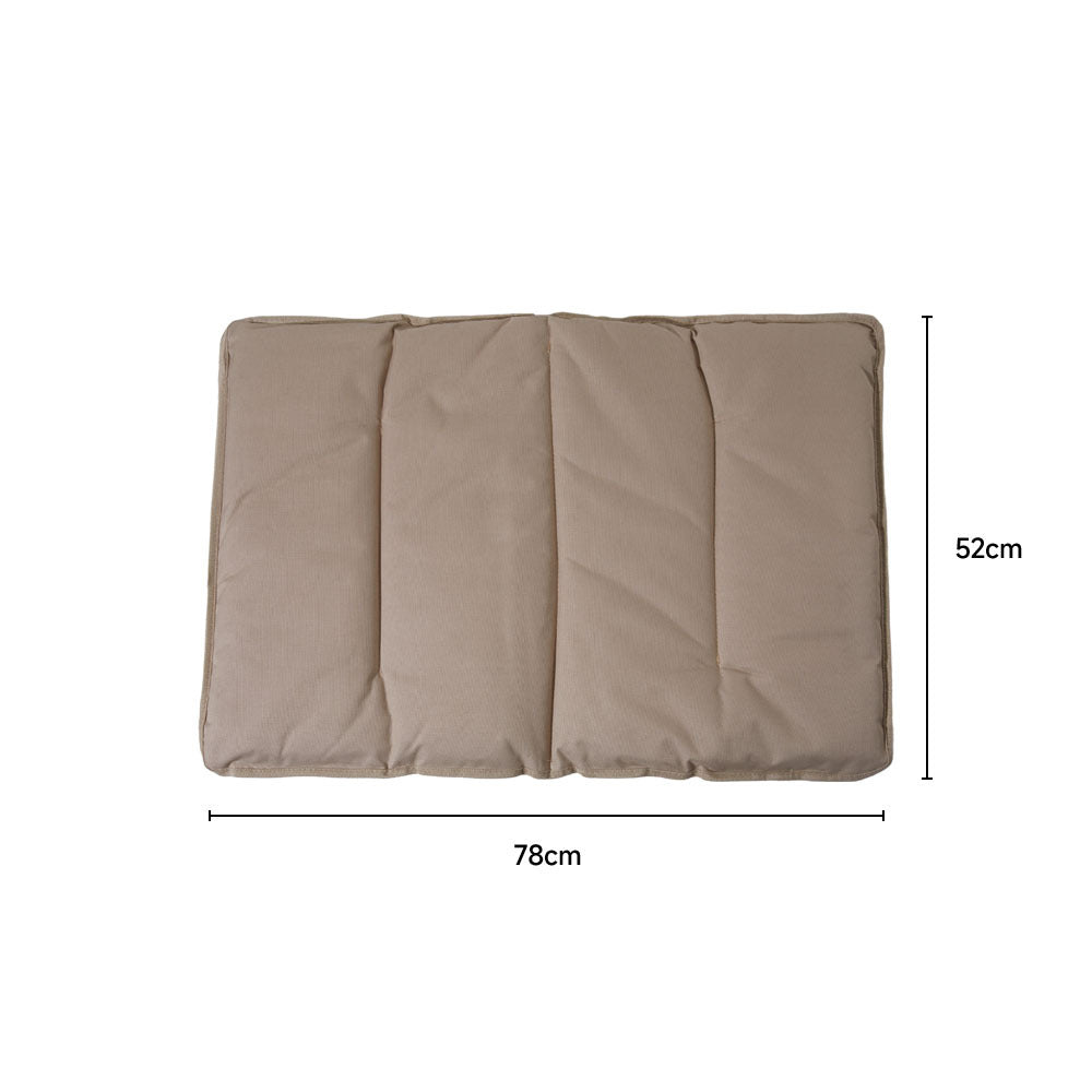 Khaki chair cushion laid flat with lines marking 78 cm long and 52 cm wide