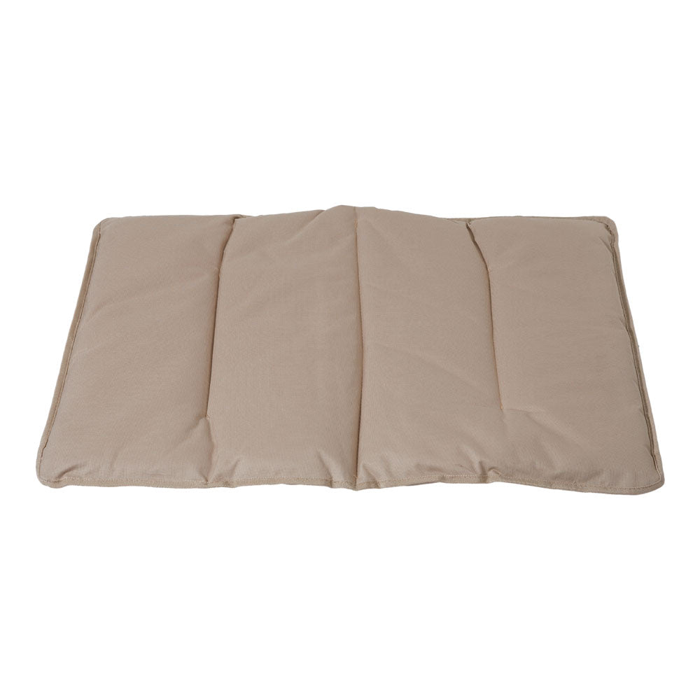 Khaki chair cushion laid flat, showing its four quilted channels
