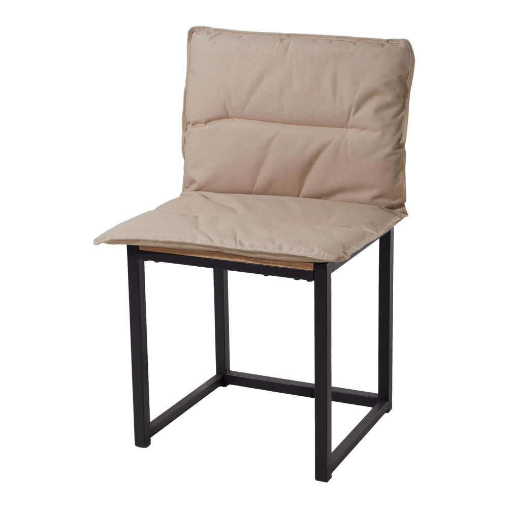 Khaki one-piece chair cushion fitted over the seat and back of a black metal chair, on white