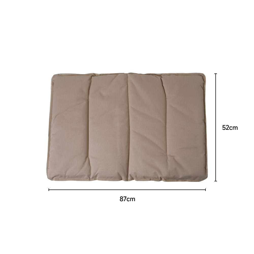 Khaki chair cushion laid flat with lines marking 87 cm long and 52 cm wide