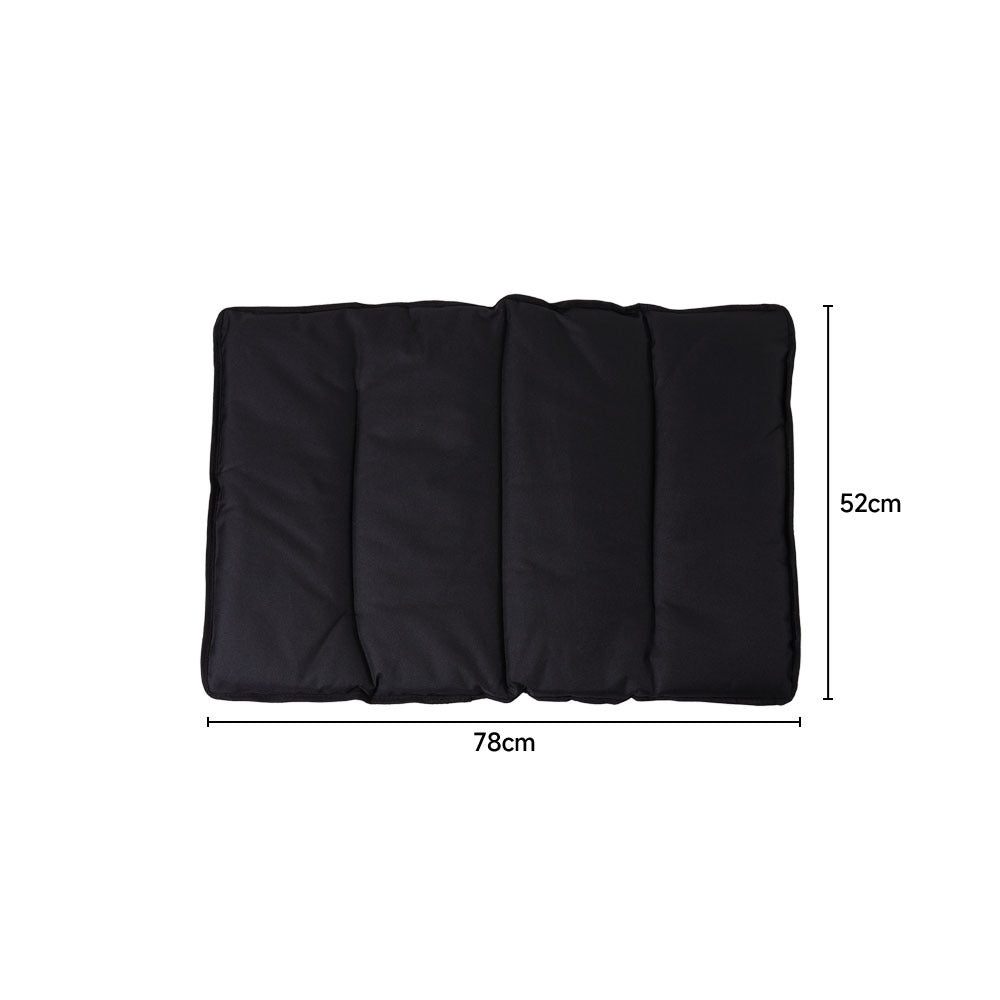 Black chair cushion laid flat with lines marking 78 cm long and 52 cm wide