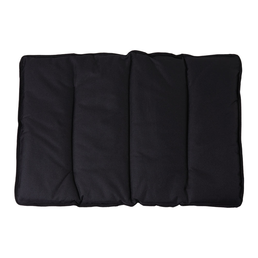 Black chair cushion laid flat, showing its four quilted channels