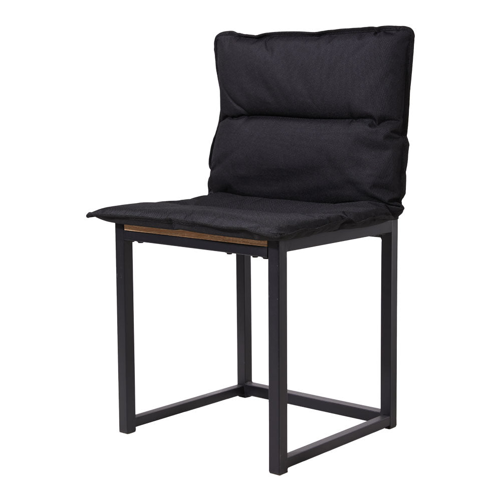 Black one-piece chair cushion fitted over the seat and back of a black metal chair, on white