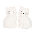 Two white ceramic sitting-cat shakers with painted smiling faces and whiskers on white