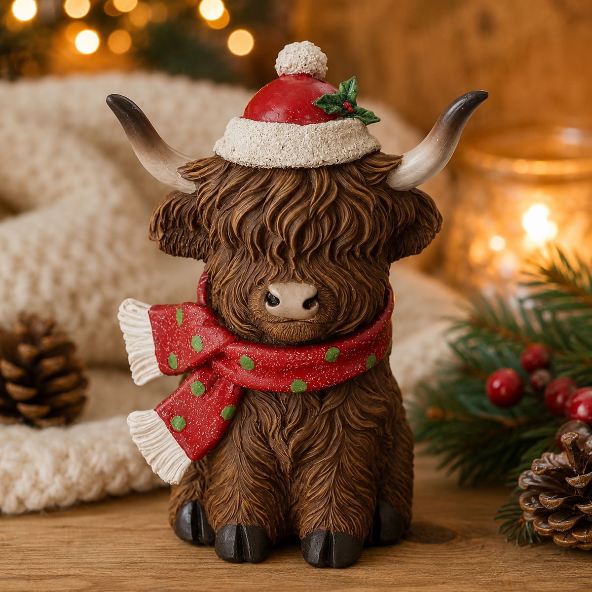 The Highland Cow Christmas figure on a knitted throw beside pine cones and candles