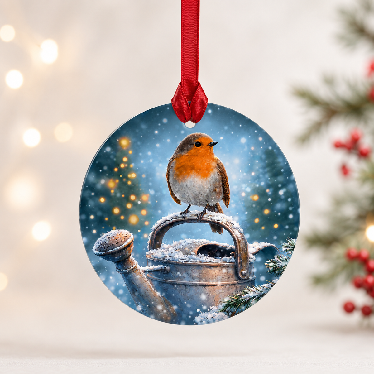 Round glass tree decoration with a robin on a snowy watering can and soft lights, on a red ribbon