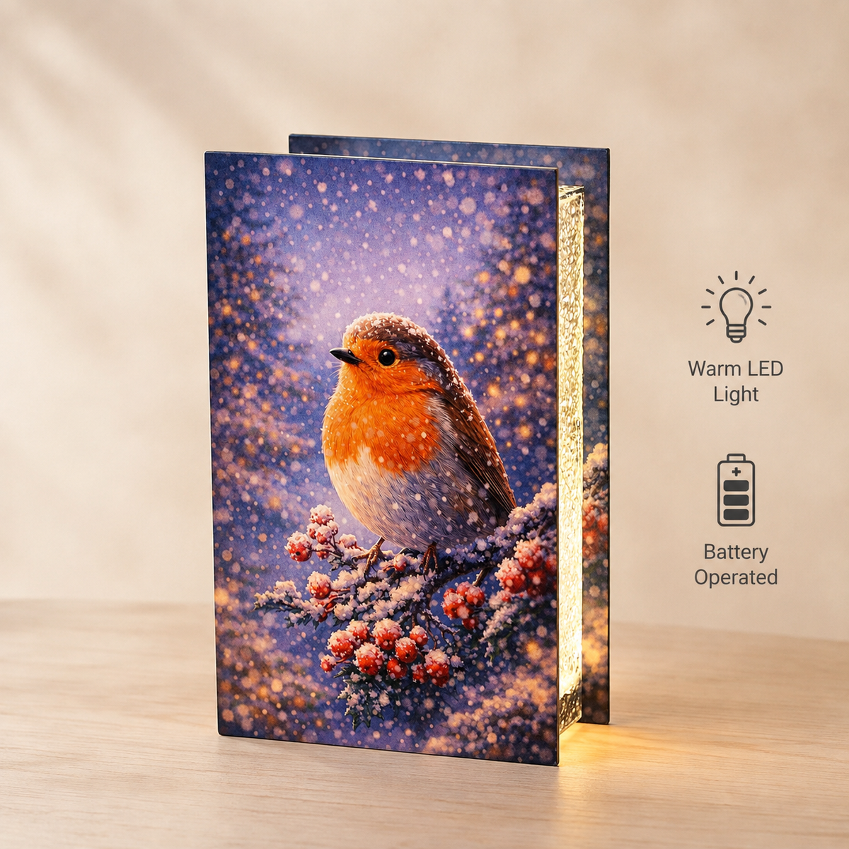 Glass robin light box lit from inside, with icons noting warm LED light and battery power