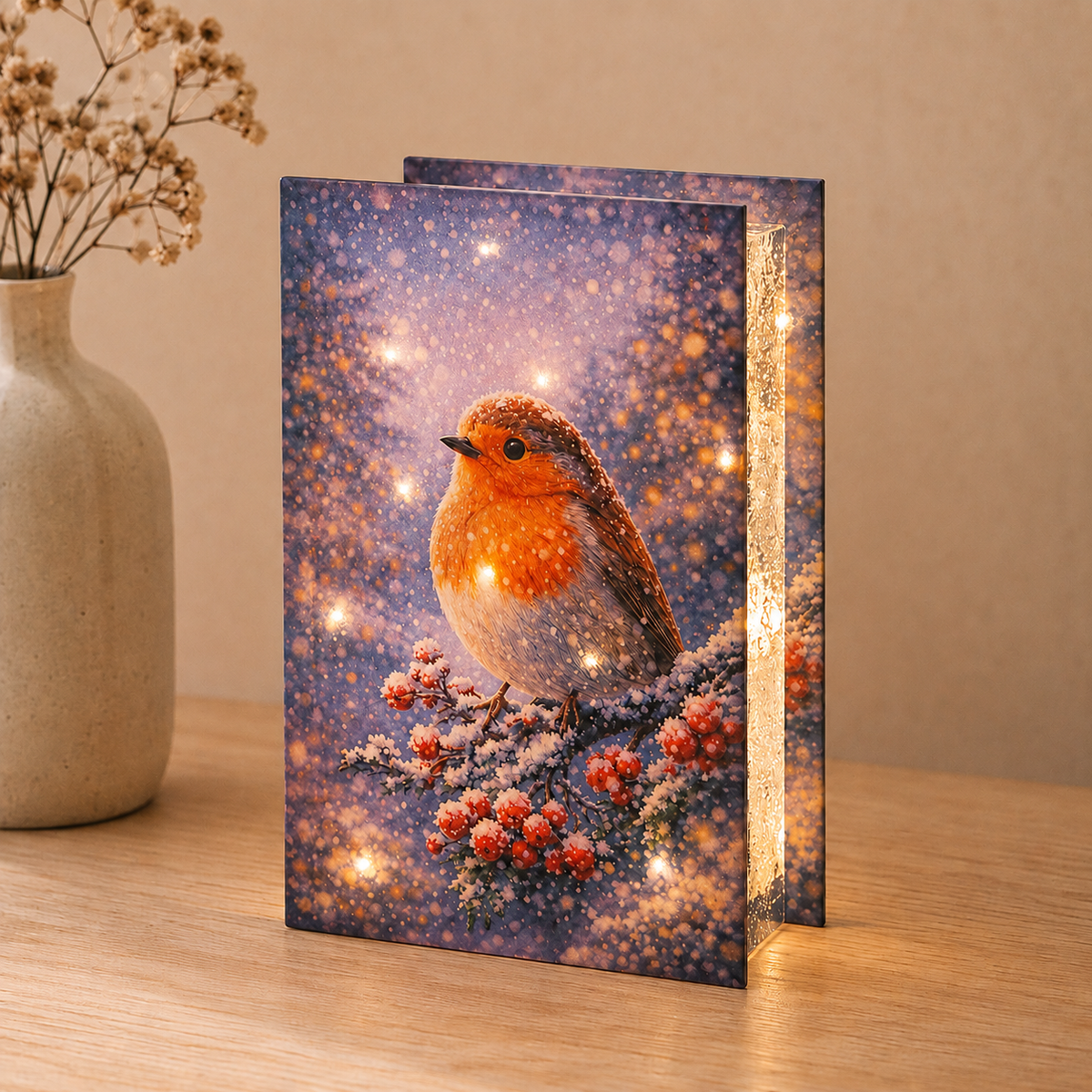 Glass robin light box glowing on a wooden table beside a vase of dried flowers