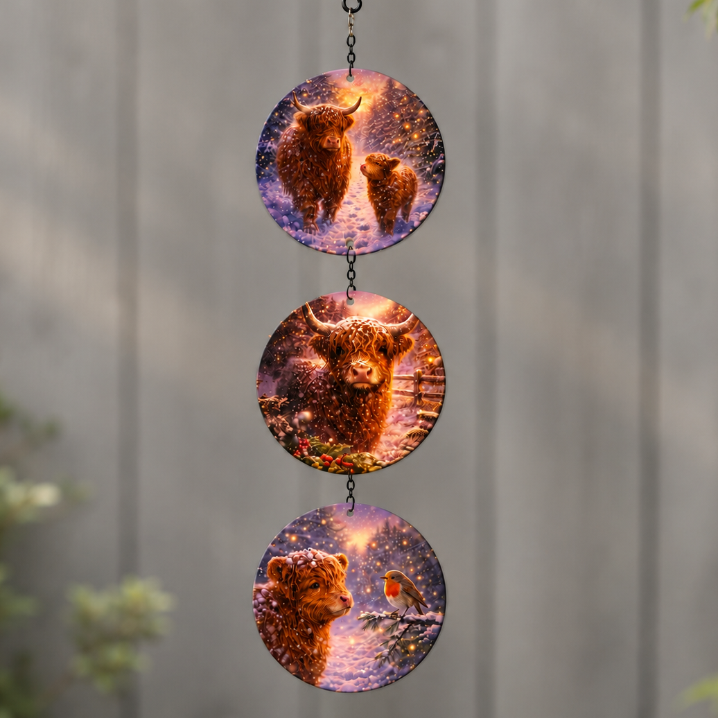 Three round glass discs with winter Highland Cow pictures hanging on a chain against a grey wall
