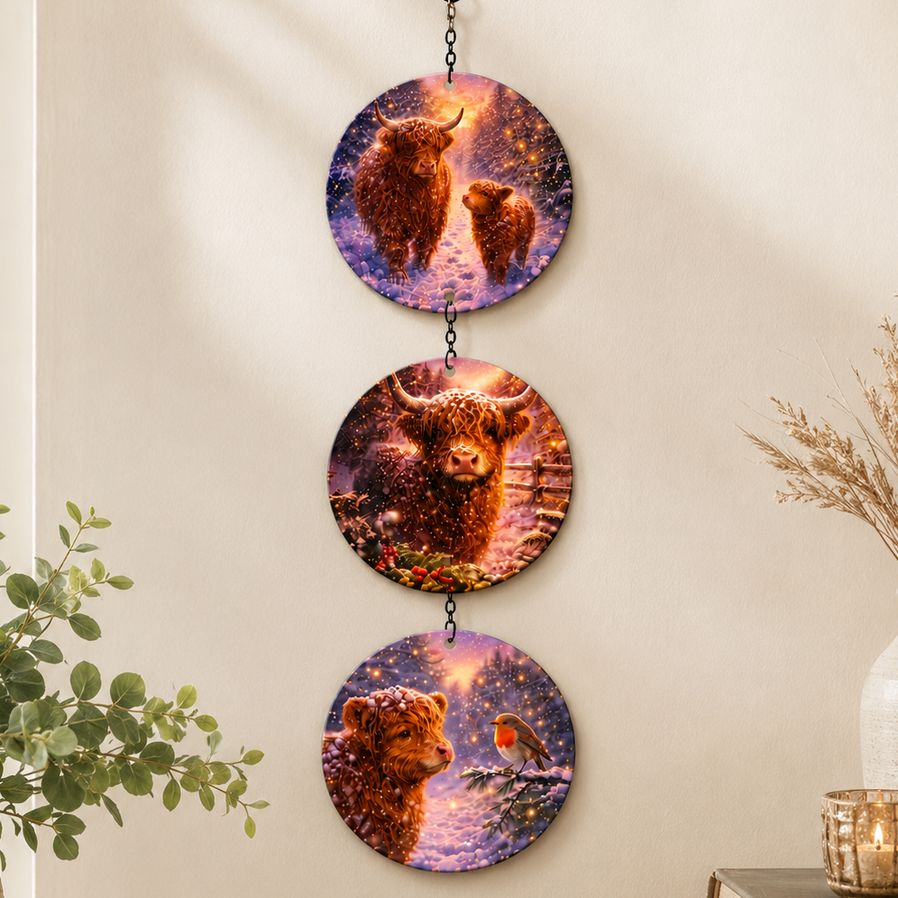 The three-disc Highland Cow suncatcher hanging against a cream wall beside a green plant