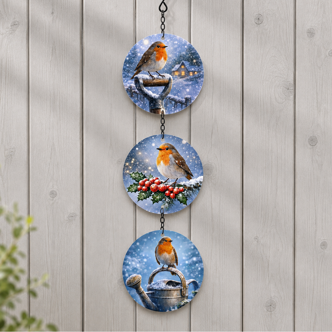 Three glass robin suncatcher discs hanging in a line on a pale wooden fence
