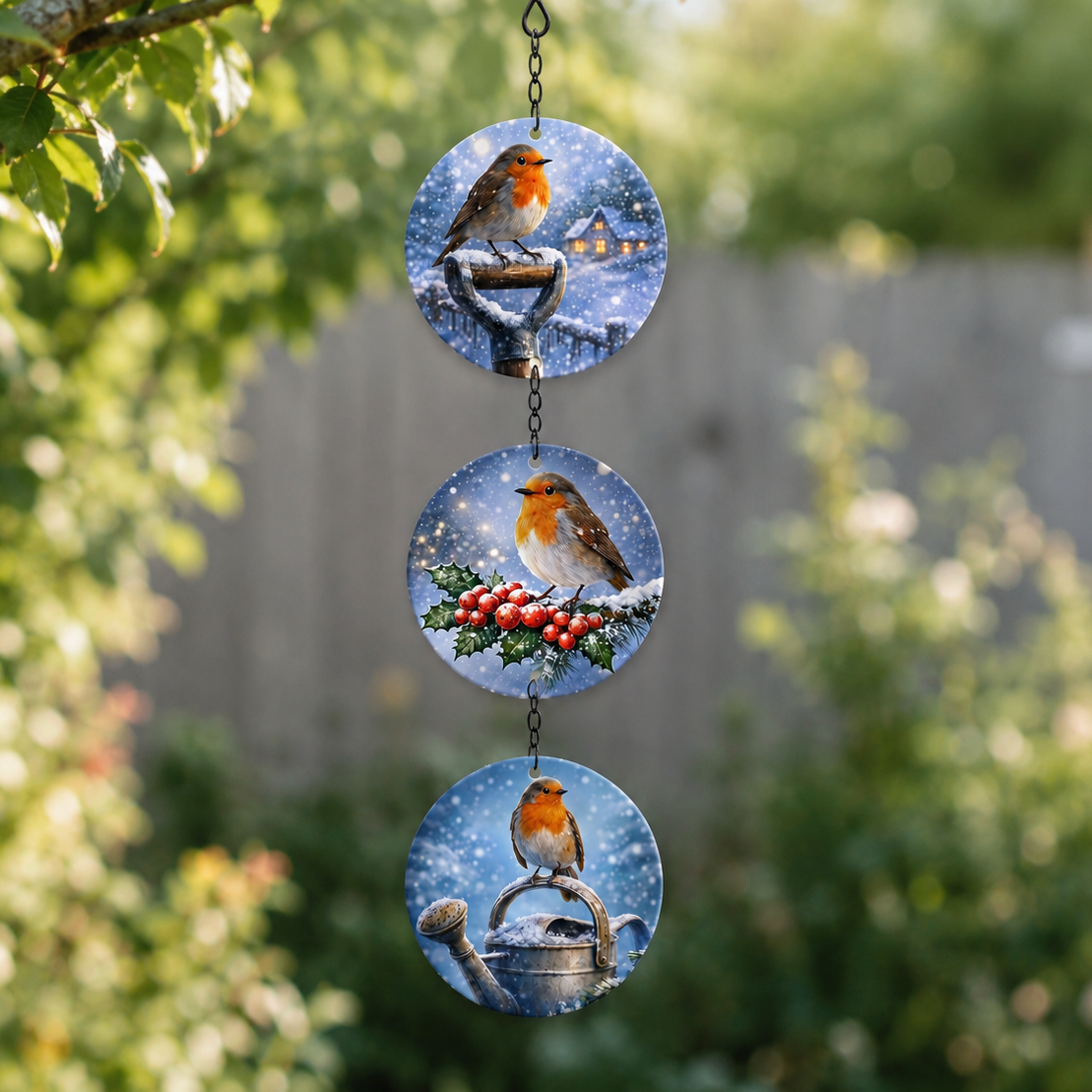 Three-disc glass robin suncatcher hanging among leaves in a garden