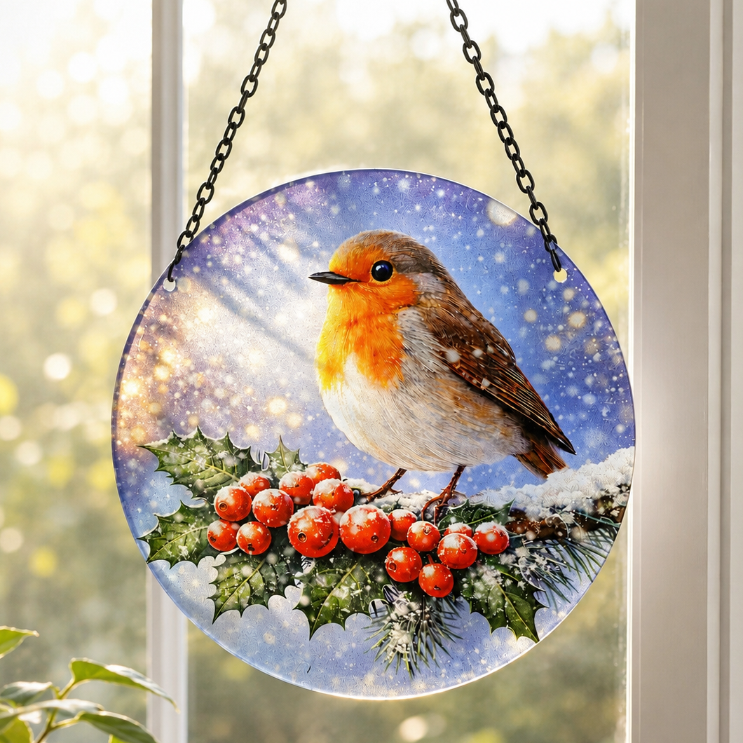 Round glass robin suncatcher hanging on a black chain in a sunlit window