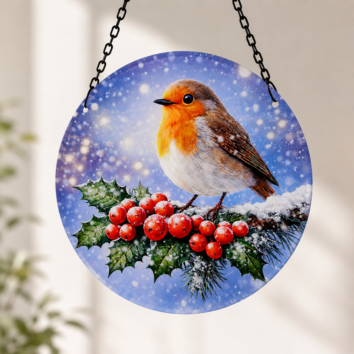 Close view of the robin on a snowy holly branch with red berries on the round glass suncatcher