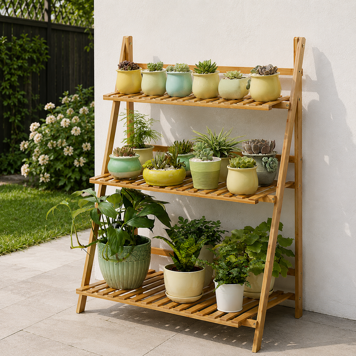 Natural wood ladder stand with pastel pots of succulents on a garden patio