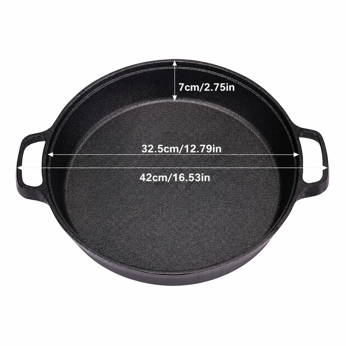 Larger skillet on white, marked 32.5 cm inside, 42 cm with handles and 7 cm deep