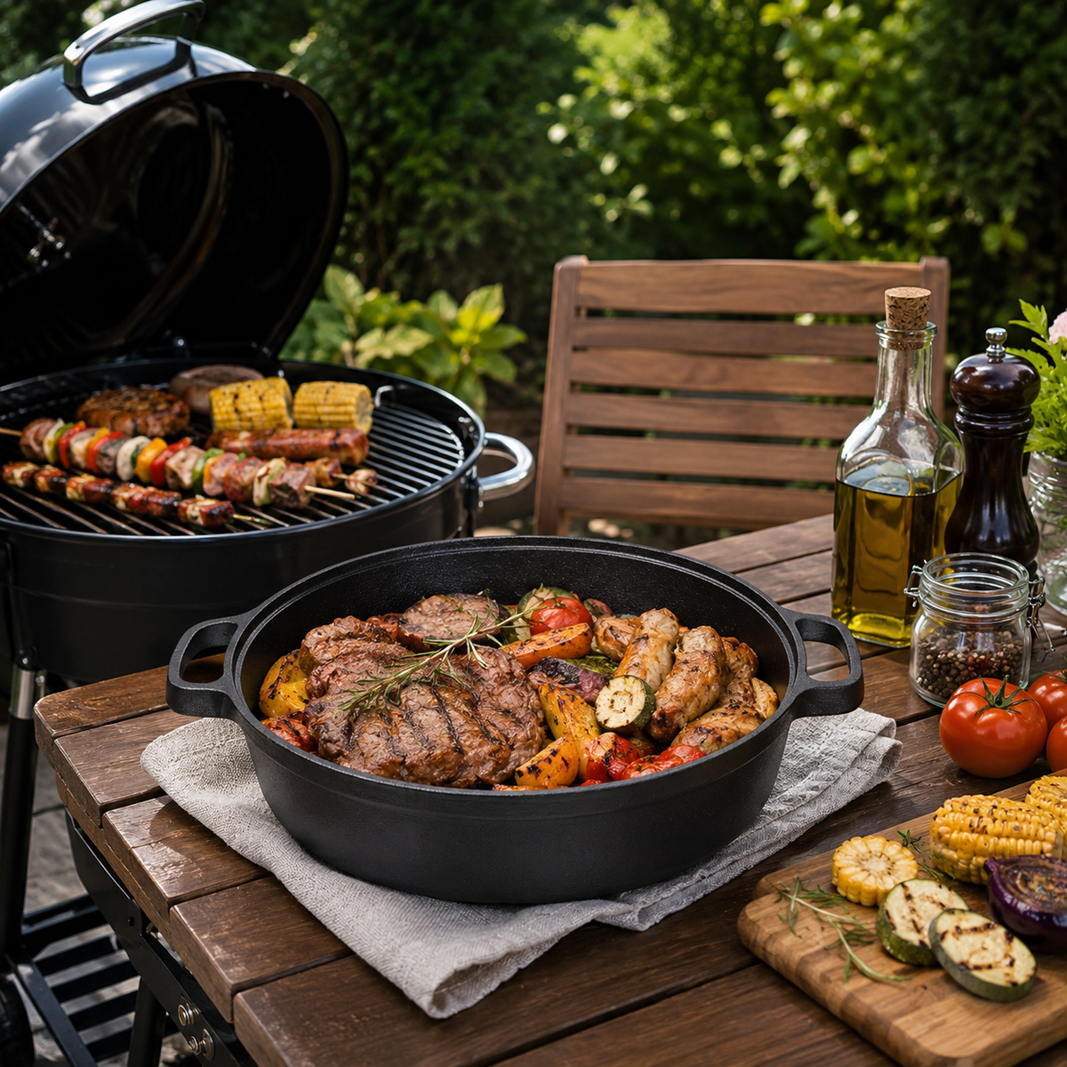 Deep cast iron skillet of grilled meat and vegetables on a garden table beside a barbecue