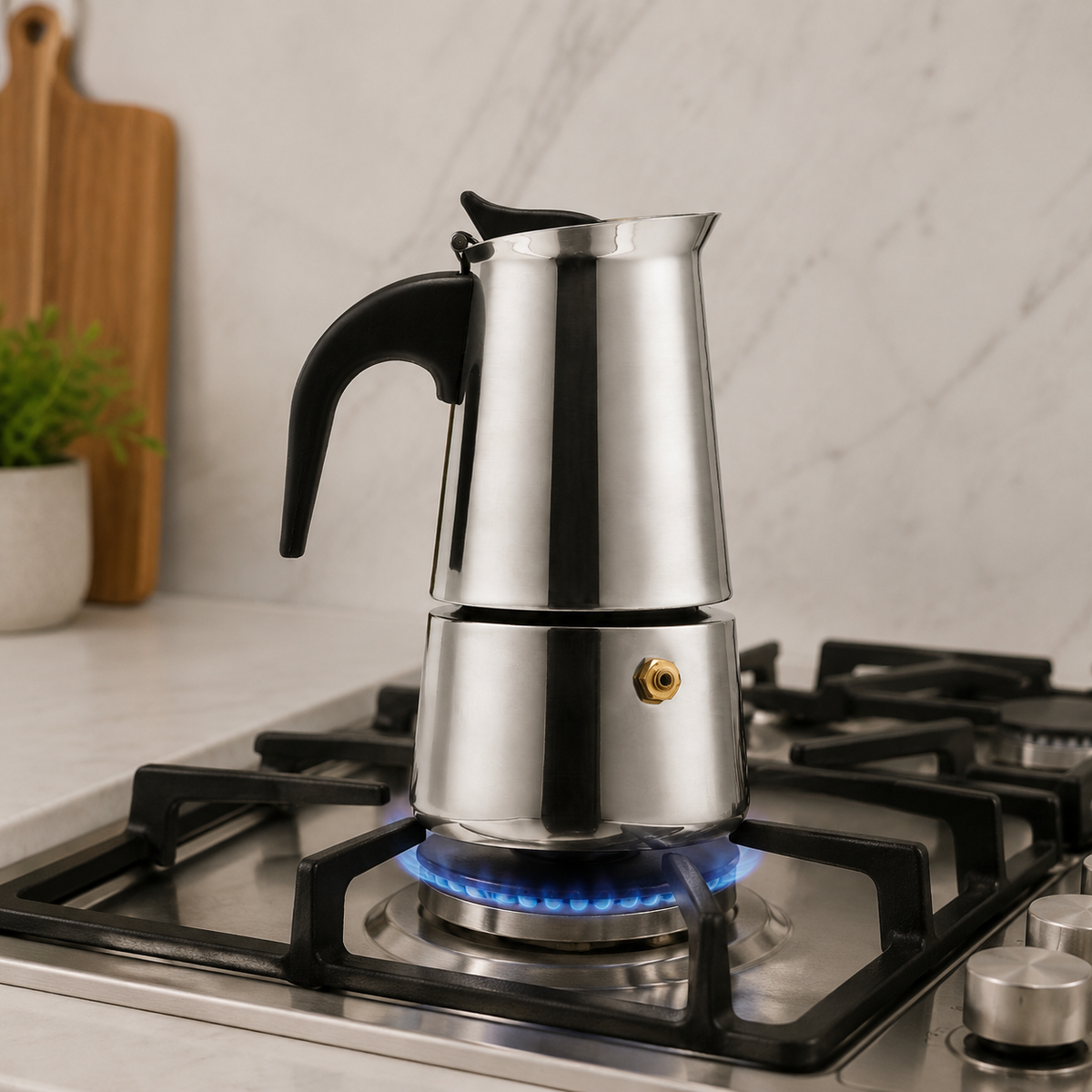 Stainless steel moka pot with a black handle on a lit gas hob in a kitchen