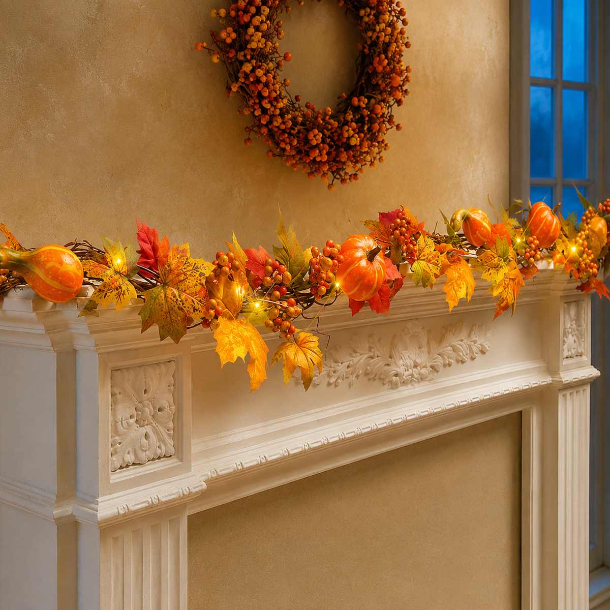 Autumn maple leaf and pumpkin garland along a white mantelpiece under a berry wreath