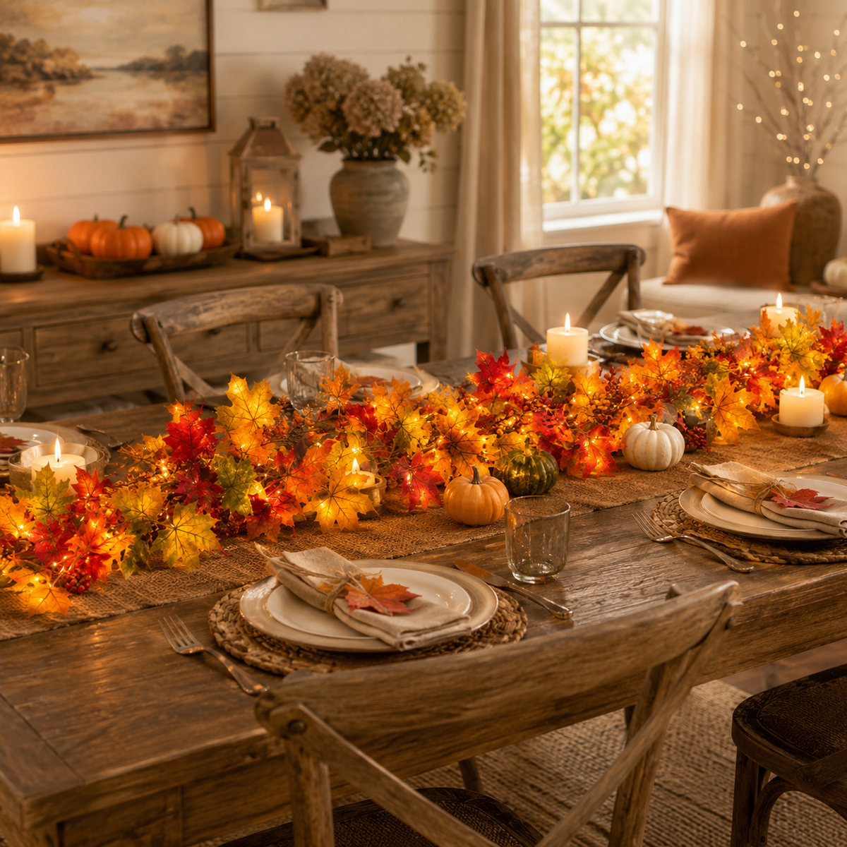 Lit autumn leaf garland running down a wooden dining table set with plates, candles and small pumpkins