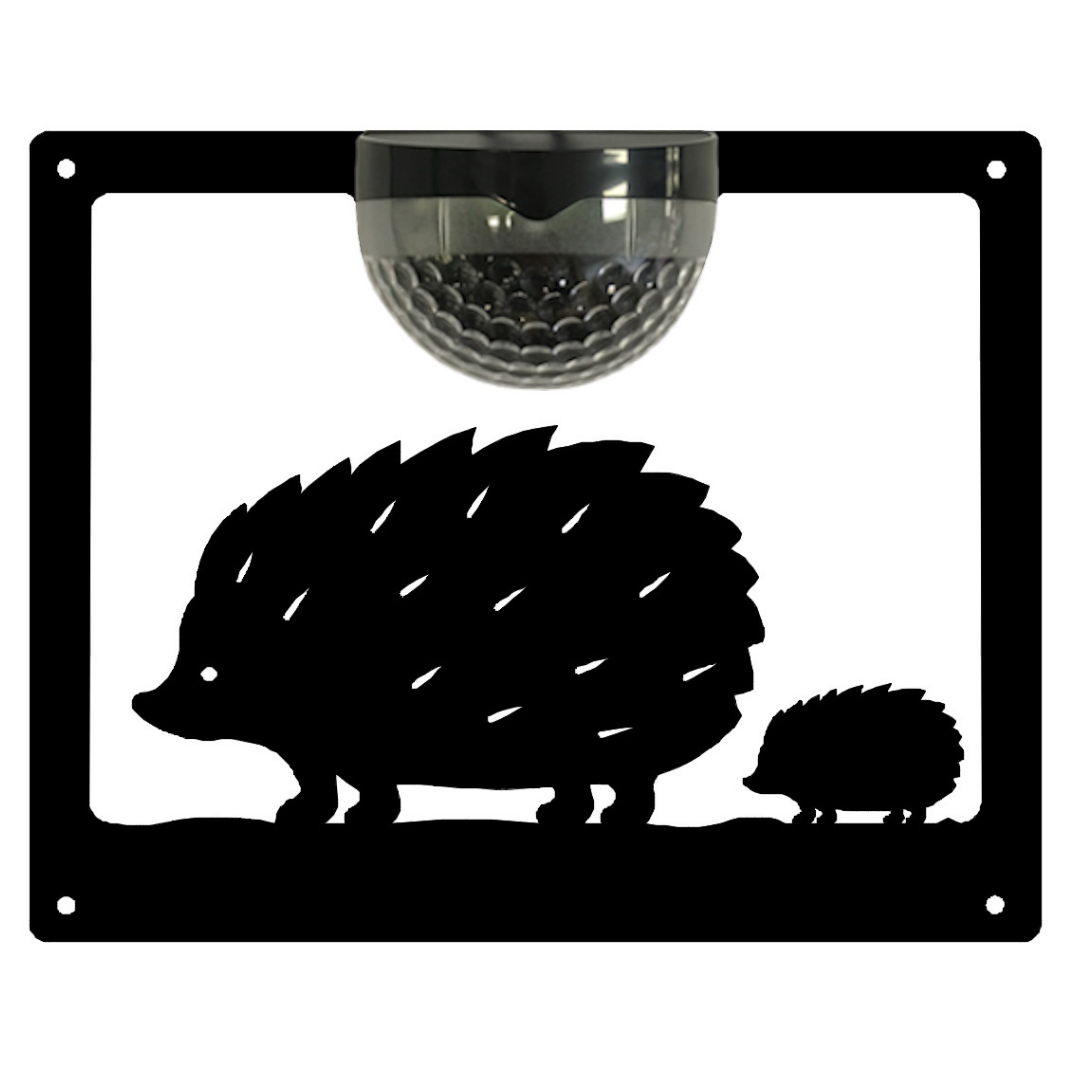 Hedgehog solar wall plaque on a plain white background showing the four corner fixing holes