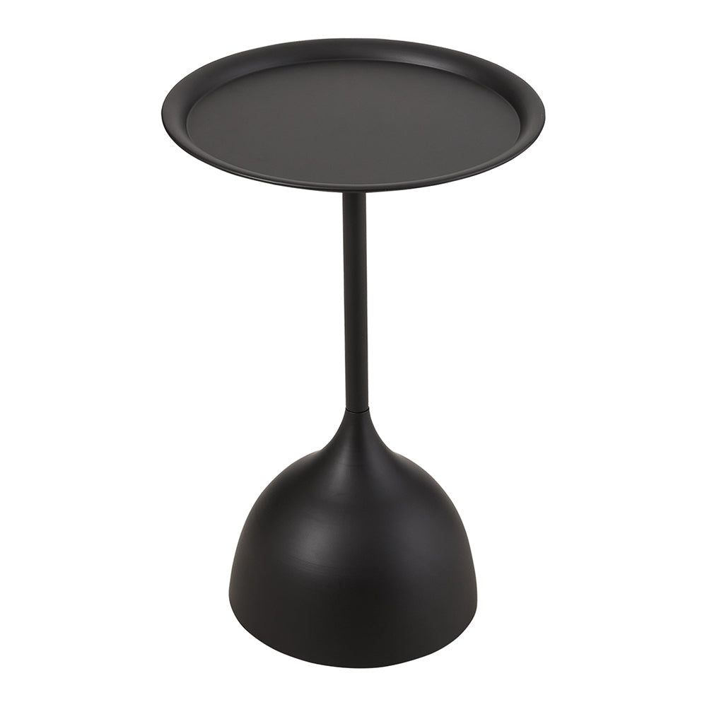 Round black metal side table with a raised rim, slim stem and tulip base on white
