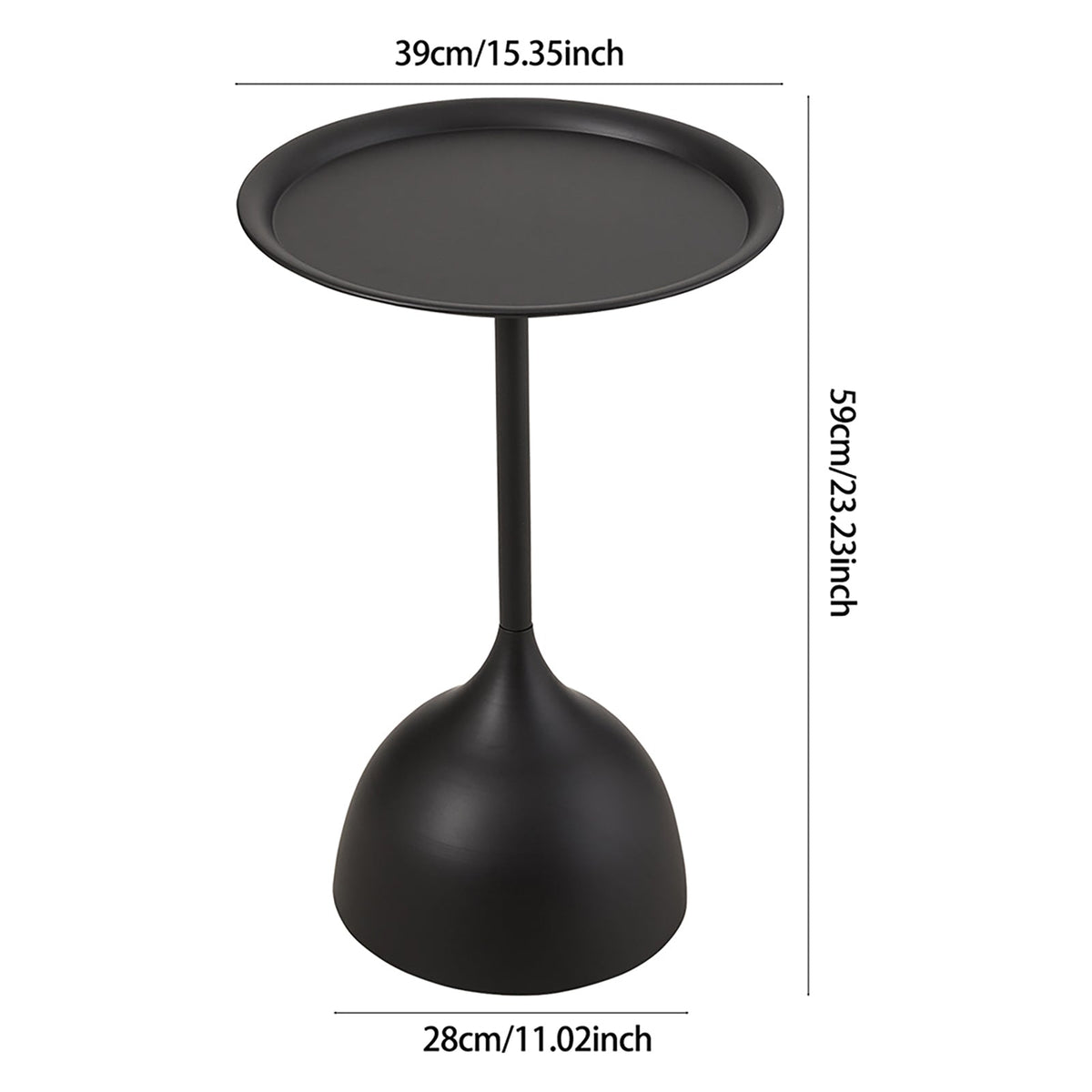 The black side table on white with its 39 cm top and 28 cm base marked