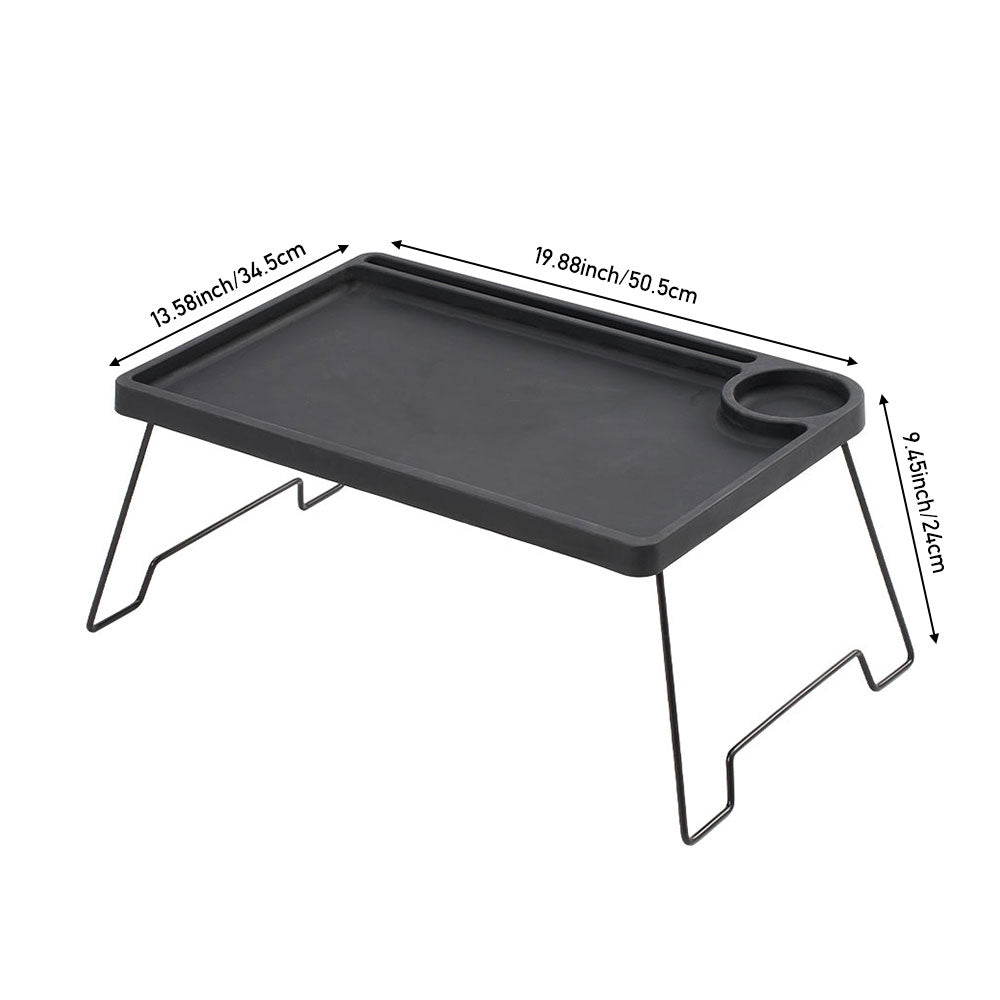 Black folding bed table on white with its width, depth and height marked
