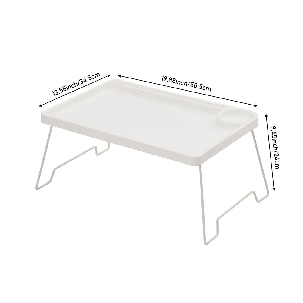 White folding bed table on white with its width, depth and height marked
