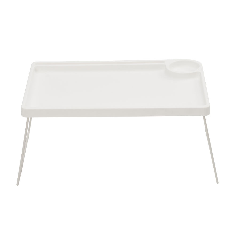 White folding bed table with a cup holder and tablet groove on white