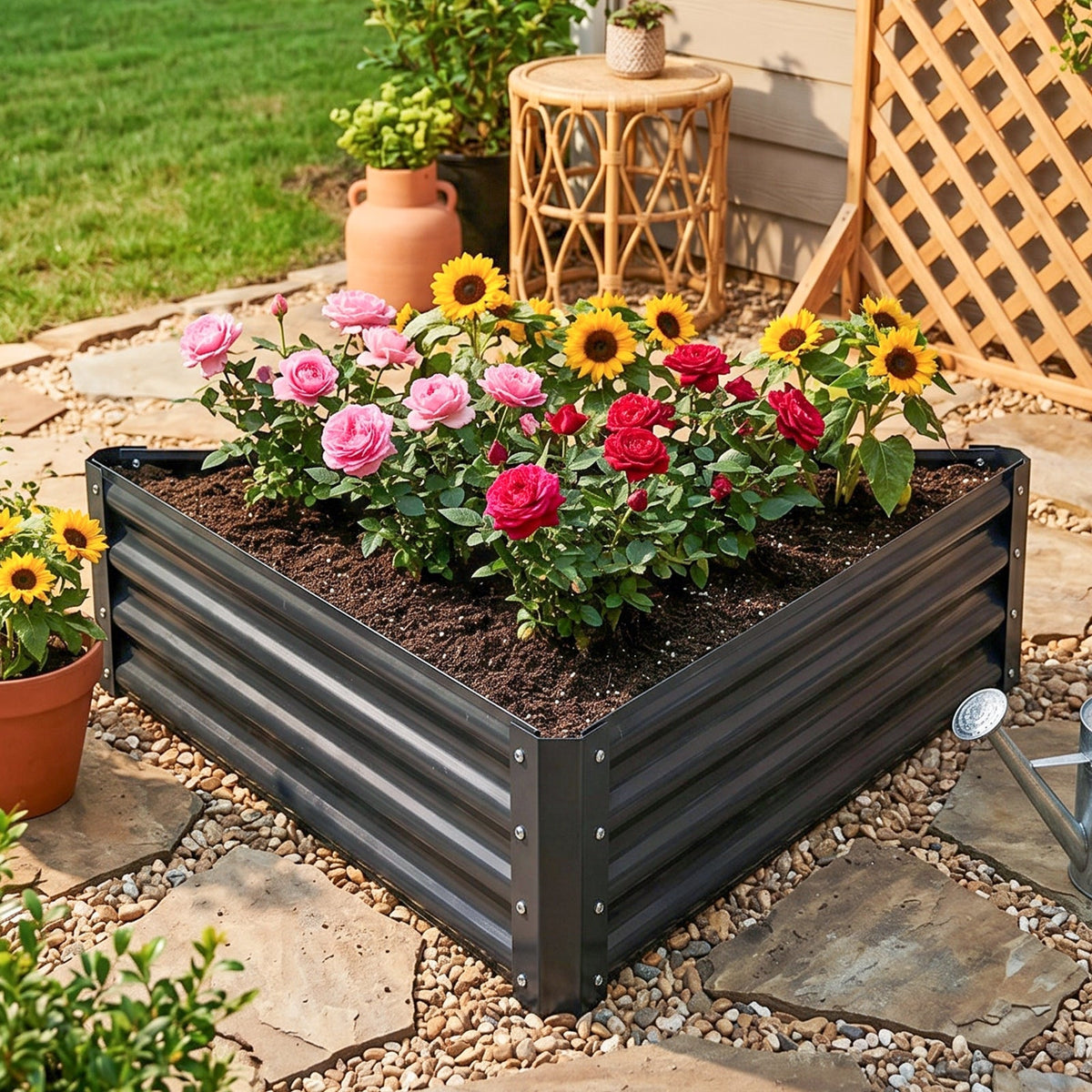 Triangular steel raised bed of roses and sunflowers on a gravel and stone path