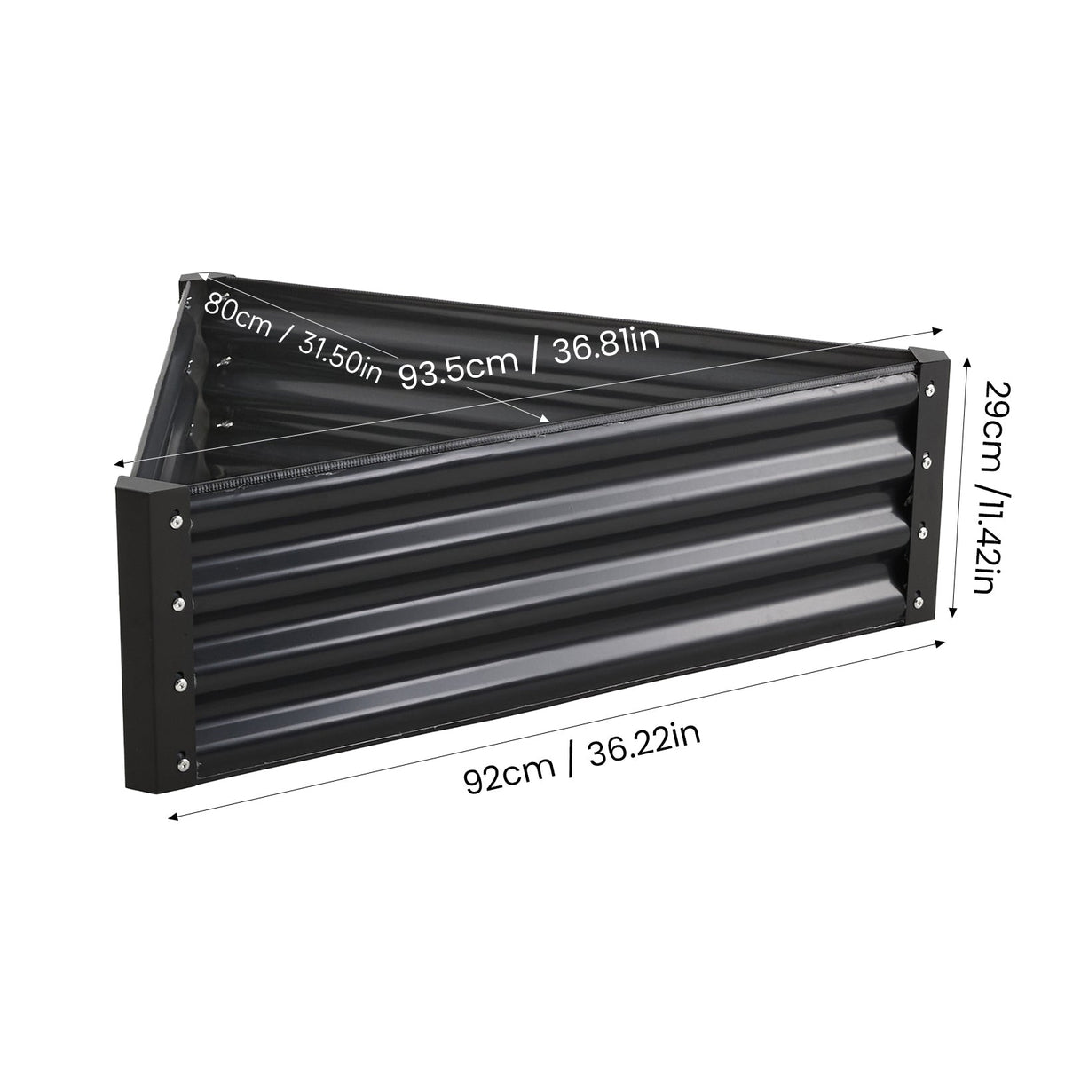 Triangular raised bed on white marked 93.5 cm, 92 cm and 80 cm sides and 29 cm high