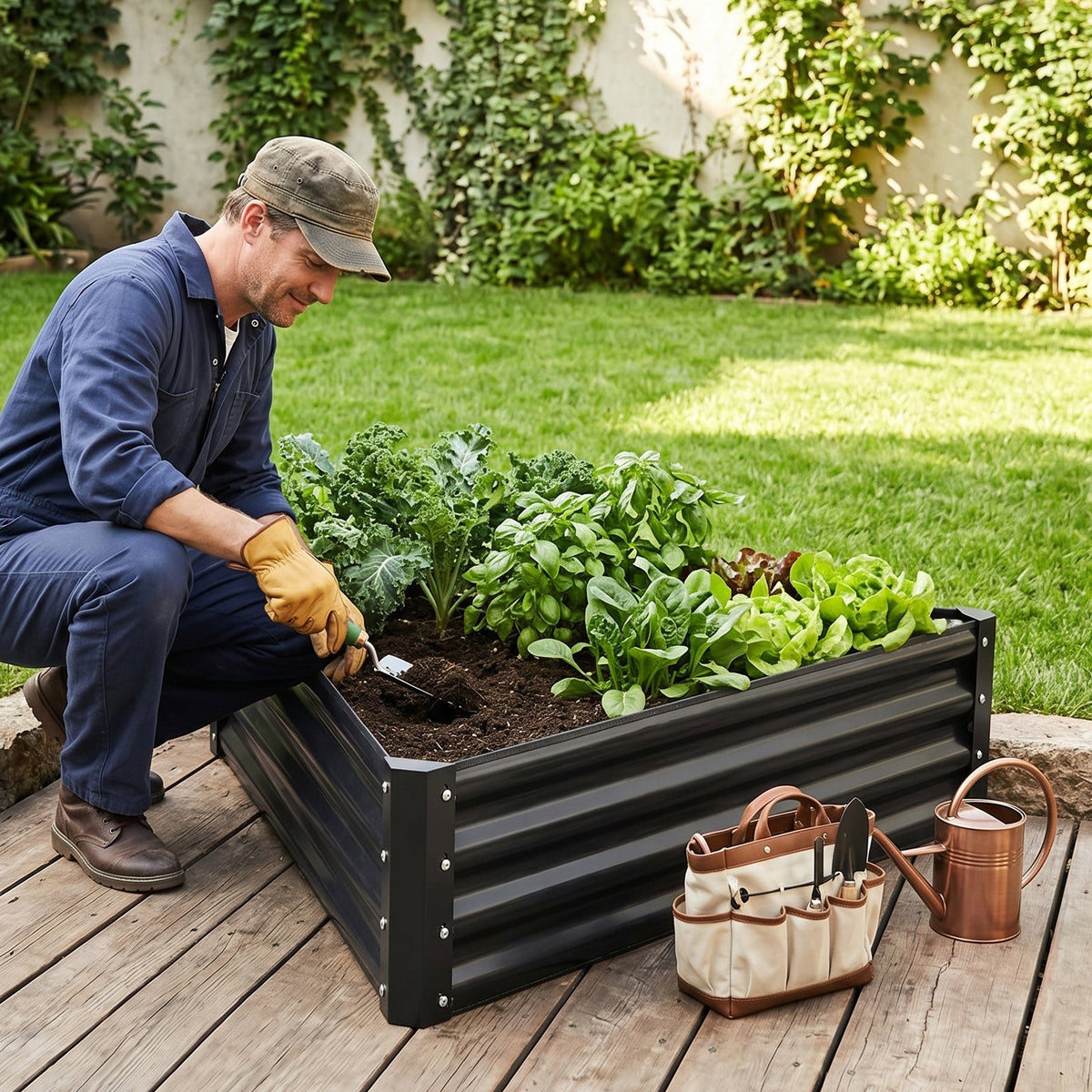 Gardener planting salad leaves in the triangular raised bed on a wooden deck