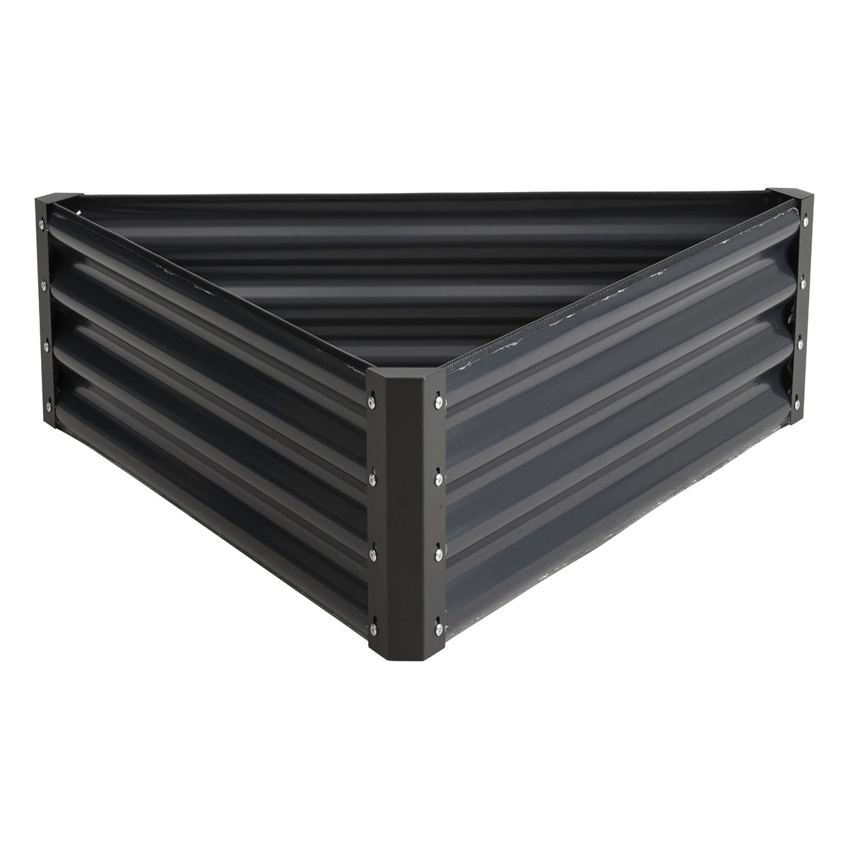 Empty triangular dark grey steel raised bed on white, seen from its front corner