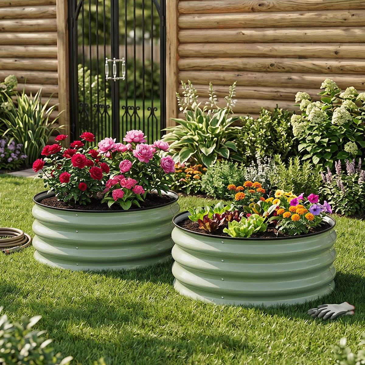 Two sage green round raised beds full of flowers on a lawn by a log wall